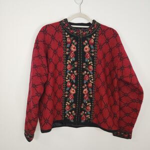 Vintage Icelandic Design Red Embroidered Wool Full Zip Lined Sweater LARGE